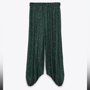 NWT Zara Limited Edition Sequin Balloon Pants in Dark Green